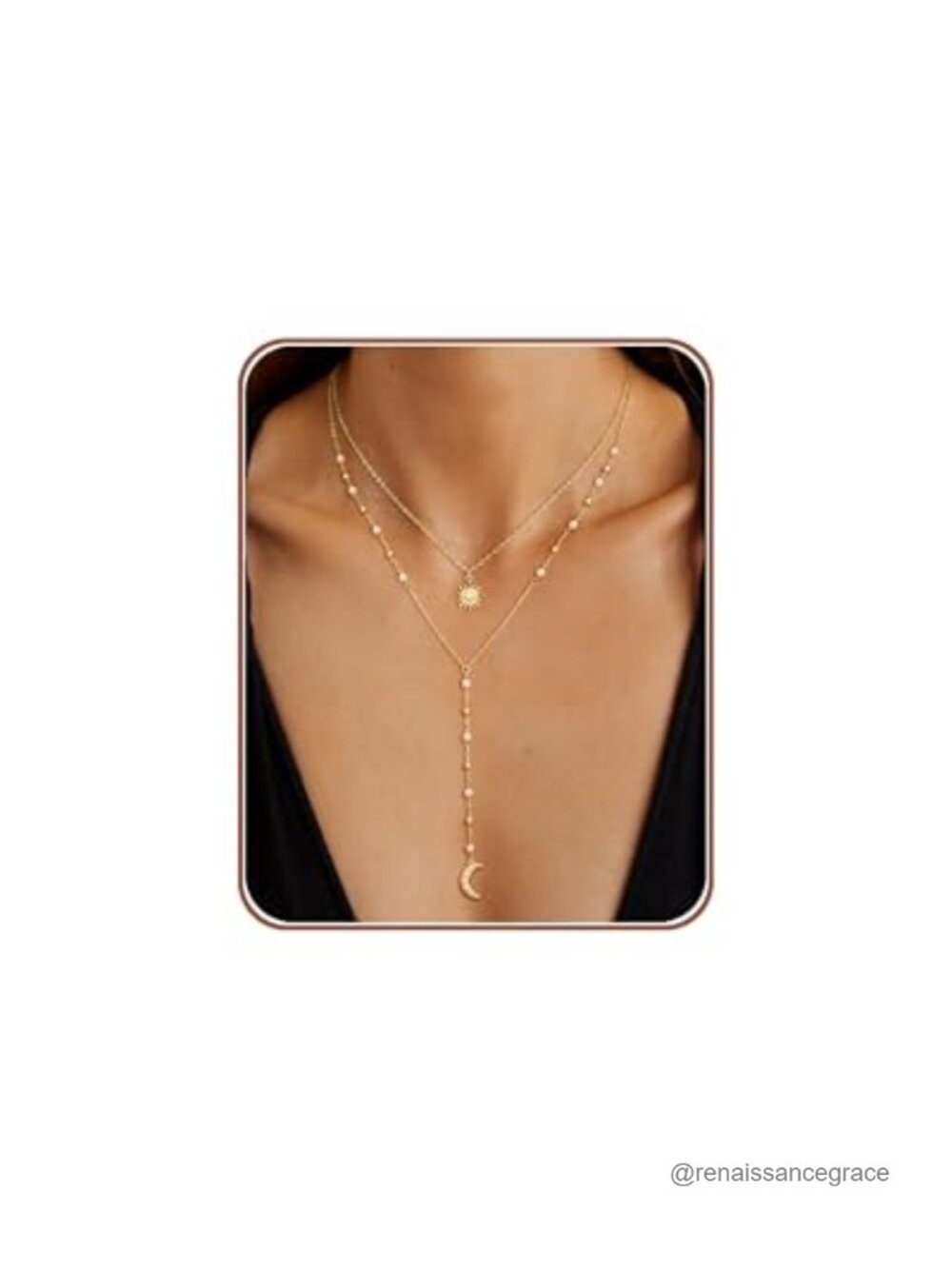 Long Gold Plated Lariat Y Necklace for Women Layered Sun Moon Brass Chain